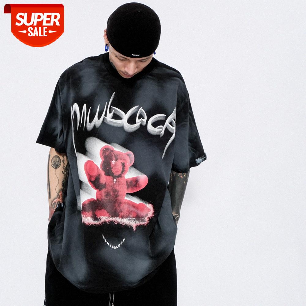 

Three-dimensional bear print distressed tie-dye short-sleeved T-shirt men's loose round neck five-point sleeves #Za2U, White;black