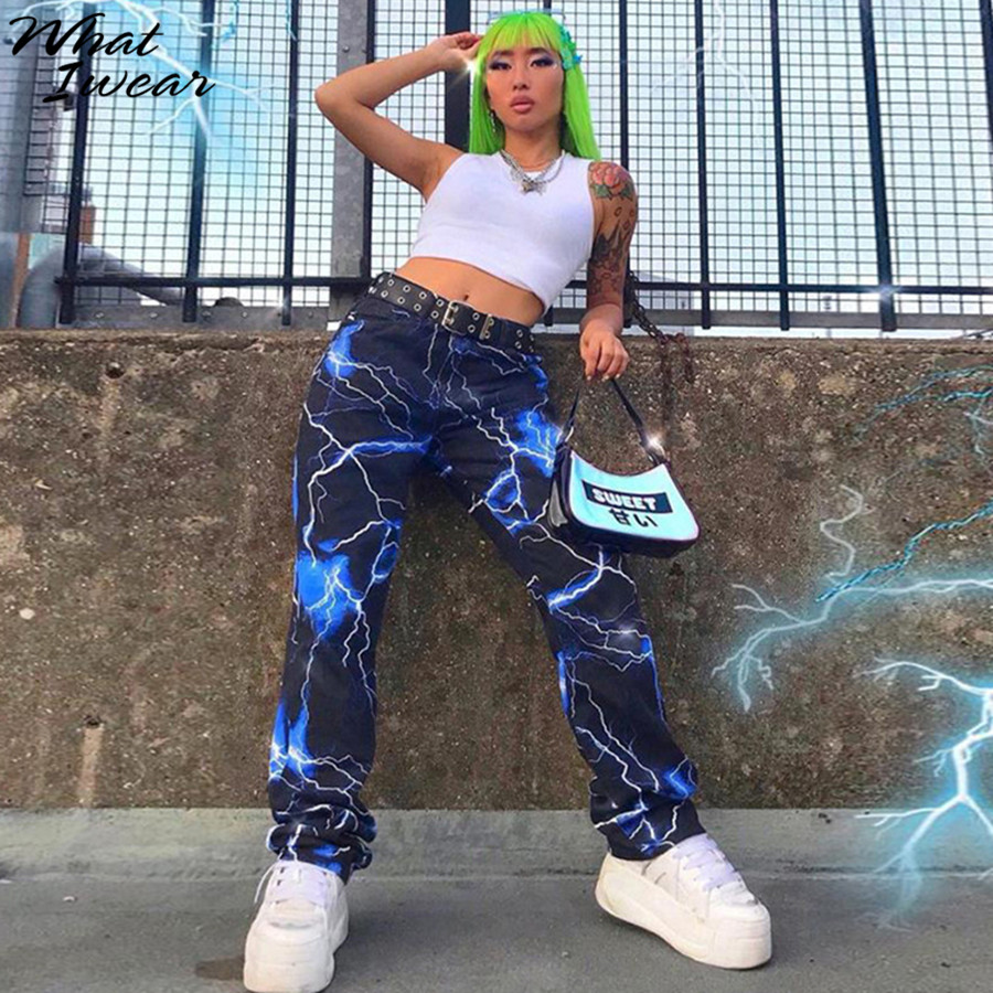 Whatiwear Women Lightning Print Casual Pants Fashion Streetwear Cargo Pants High Waist Sweatpant Lady Long Trousers 2021 Spring-image-711352689