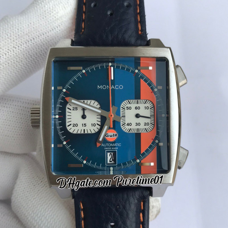 

Square Gulf Miyota Quartz Chronograph Mens Watch Steel Case Blue Orange Dial White Subdial Stick Markers Leather Strap Stopwatch Watches Pur, Slivery;brown
