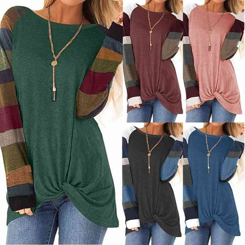 

Plus Size Cotton Striped Blouse Women Casual O Neck Long Sleeve Top Female Tunic Womens Shirts Pulloverr Tied Elegant 210603, Dark gray