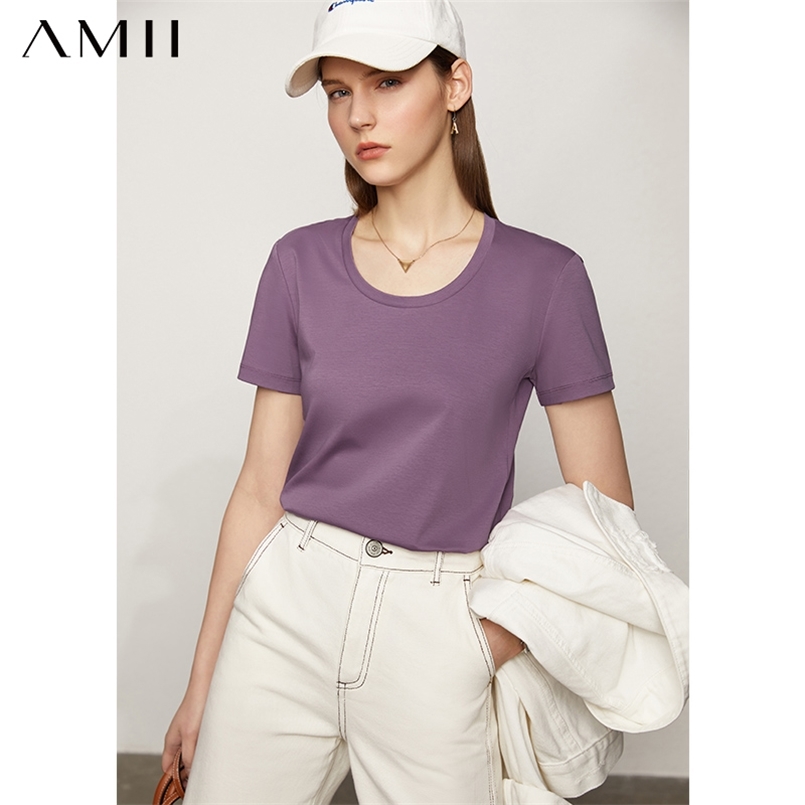 

Amii Minimalism Spring Summer Women's Tshirt Causal Solid Oneck Female Fashion Basic Cotton Women Tops 12120270 210708, Purple