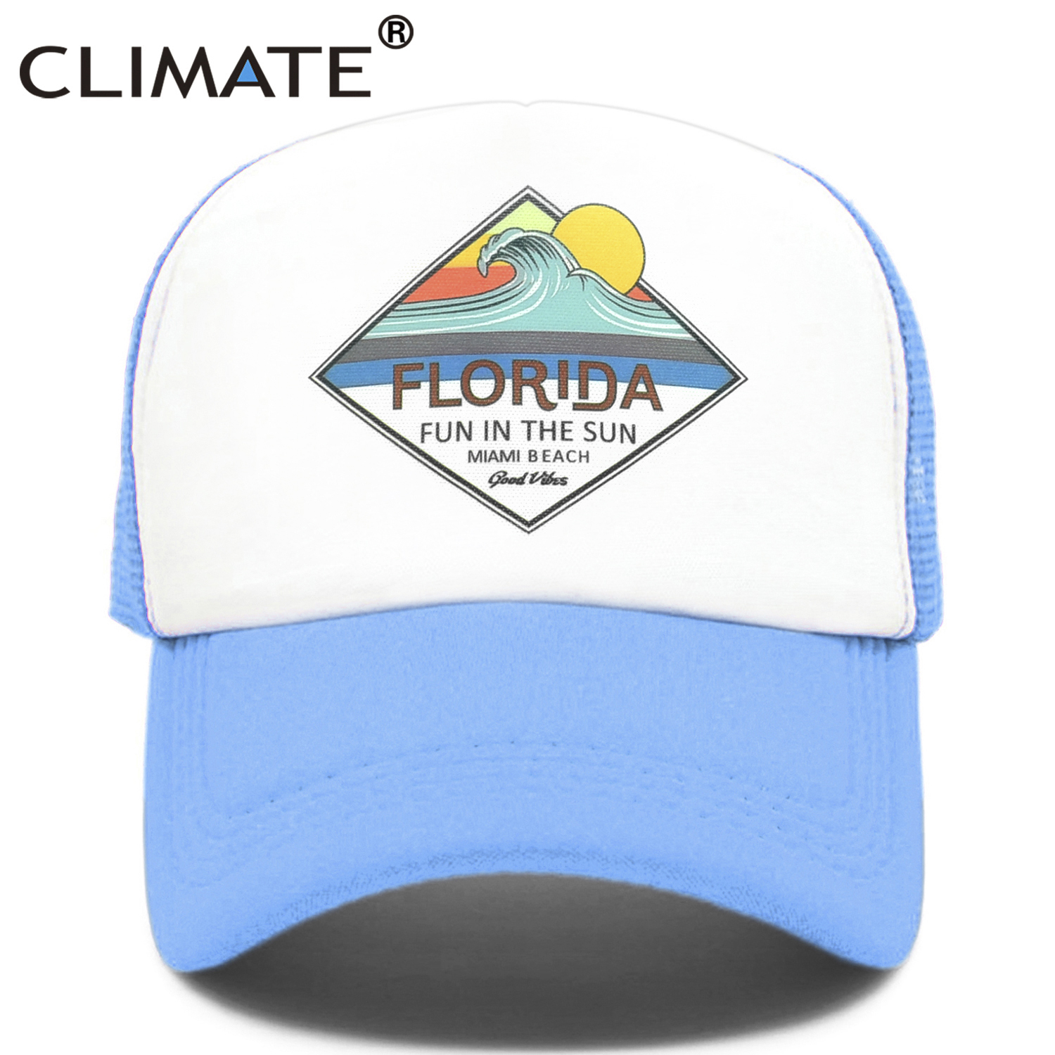 

Florida Trucker Cap Hat Miami Seaside Beach Mesh Cap Vacation Sandbeach Sea Wave Surfing Hat Cap for Men Women Youth, Blue;gray