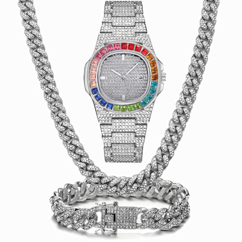 

Wristwatches 3/2Pcs Necklace+Watch+Bracelet Hip Hop Miami Cuban Chain Gold Color Colorful Iced Out Rhinestone Bling Women Men Jewelry Watche, Slivery;brown