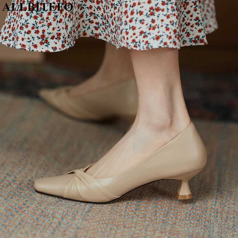 

ALLBITEFO size 33-43 Pleated design genuine leather women heels shoes sweet bowtie women high heel shoes alons hauts femme 210611, As picture