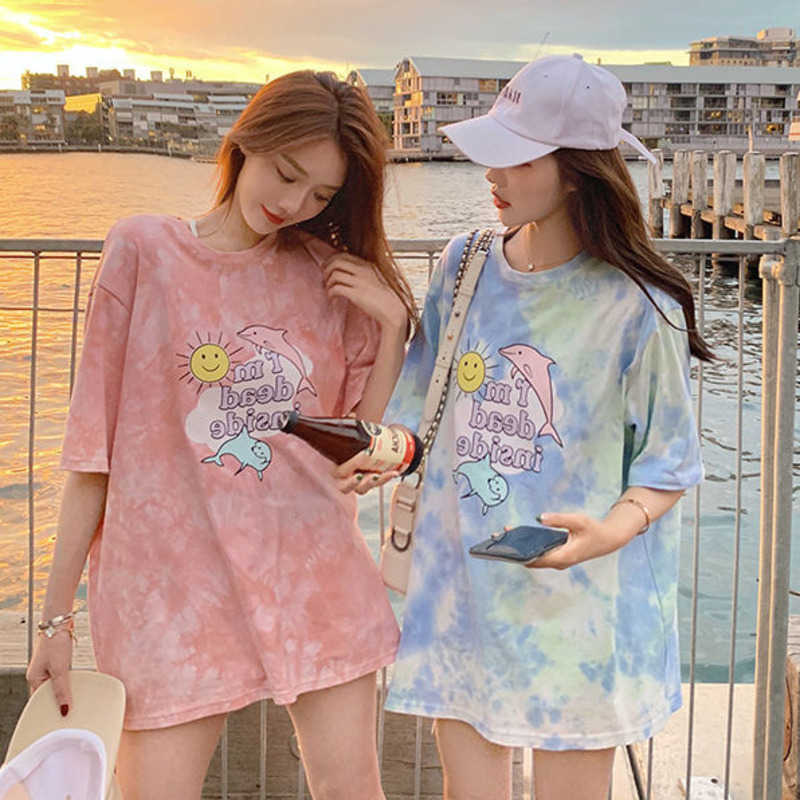 

WOMENGAGA Cartoon print summer Korean short sleeve long T-shirt for female students lovely cute Kawaii korean tees 897J 210603, Blue