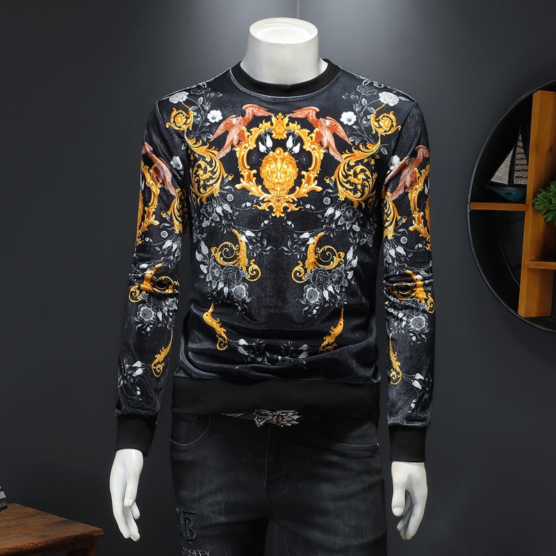

2022 new tops spring and autumn long-sleeved palace retro printing t-shirt men's cotton trend slim round neck gold velvet letter printing elastic bottoming shirt, Extra amount