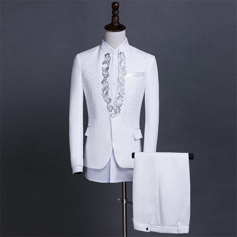 

Men' Suits & Blazers 2021Spring White Embroidered Diamond Suit Ternos Wedding Groom Tuxedo Stand Collar Prom Stage Costume Mens With Pants, Black