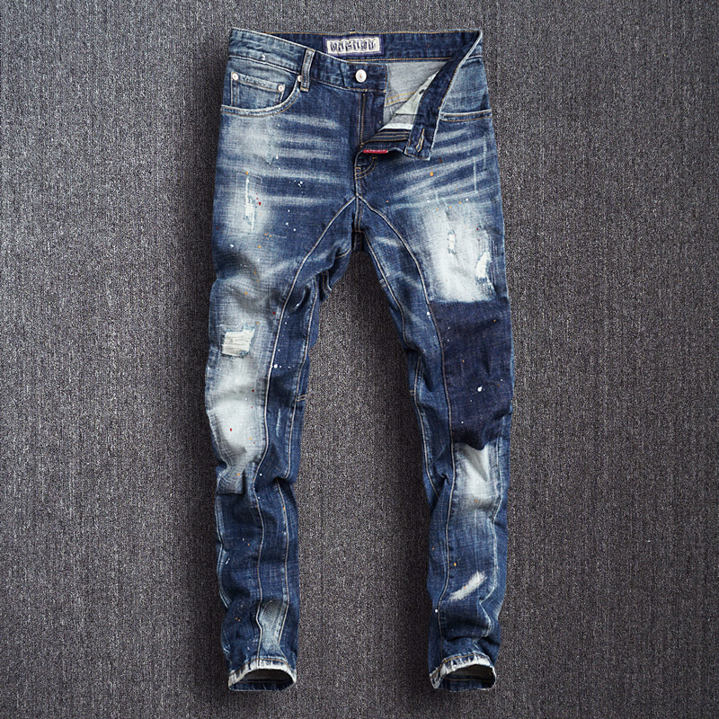 

2021 New Italian Style Fashion Blue Color White Wash Spliced Designer Ripped Men Punk Pants Streetwear Hip Hop Jeans Xw8h
