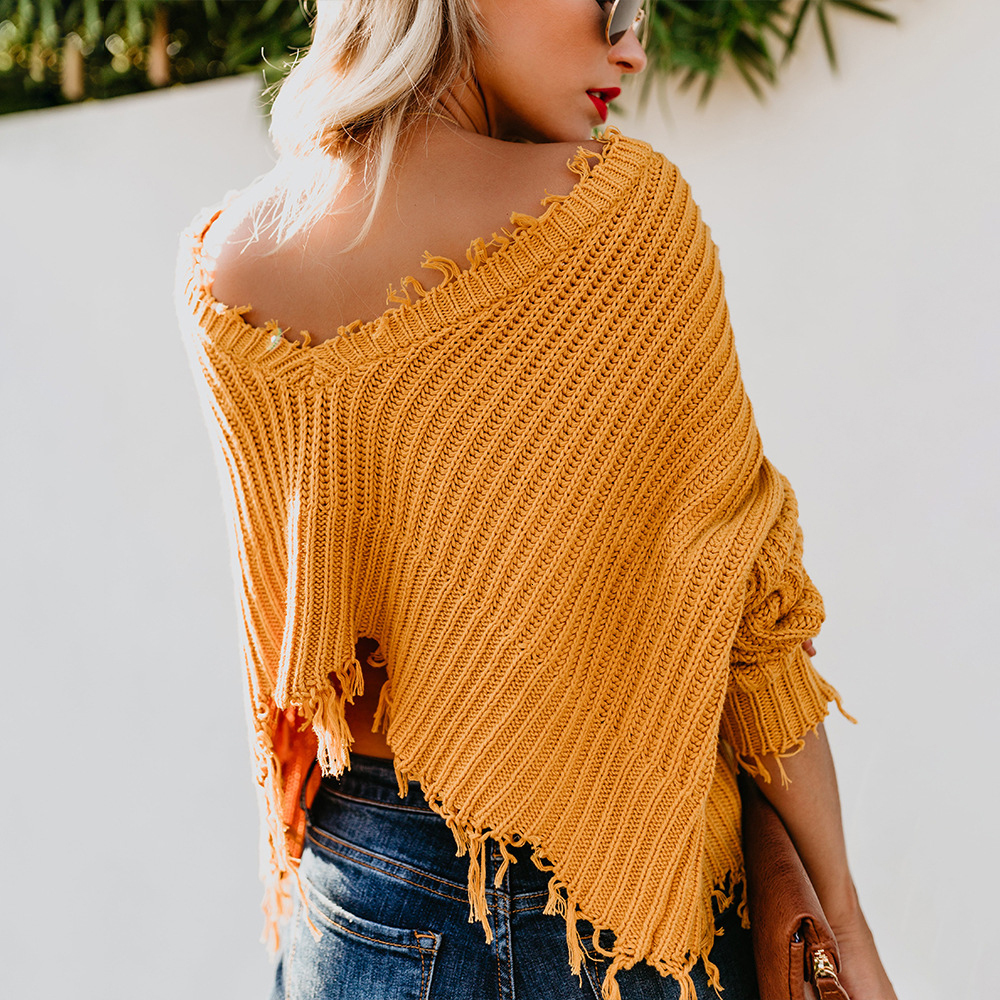 

2021 New Autumn and Winter Fashion Long Sleeve v Neck Solid Backless Loose Ladies Sweater Sexy Crop Tops Pullover Jumpers Xtbq, Black