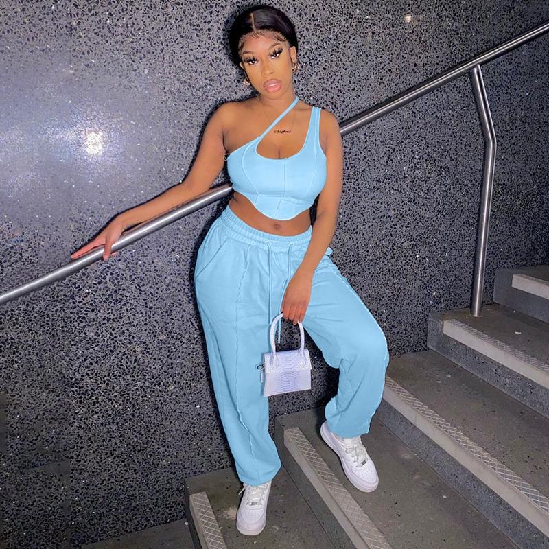 

Women' Two Piece Pants Sexy Set Solid Color Tracksuit Women Outfits Off Shoulder Crop Top And Lace Up Sweatpants, Blue