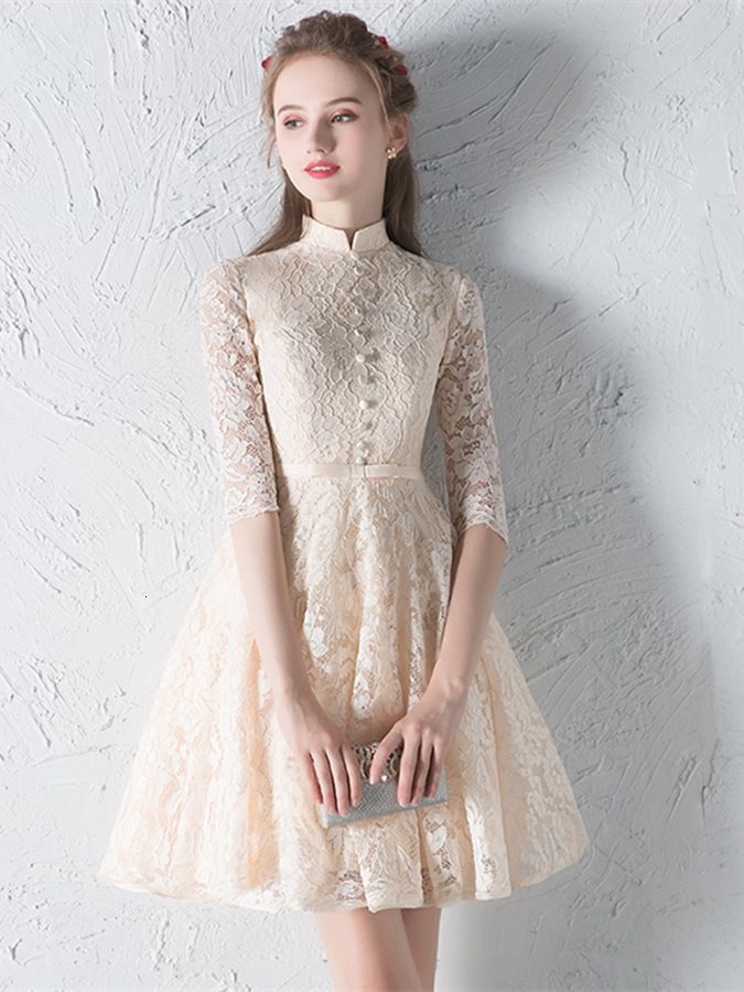 

2021 New Simple A-line High Neck Bowknot Button Lace Sashes Half Sleeves Prom Es Short Mini Homecoming Vestido De Festa Fji1