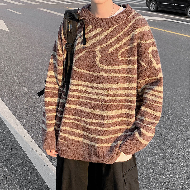 

2021 New Autumn Winter Striped Men's Warm Fashion Casual Retro Knitted Pullover Men Wild Loose Korean O-neck Sweater Mens Clothes Eia2, Black