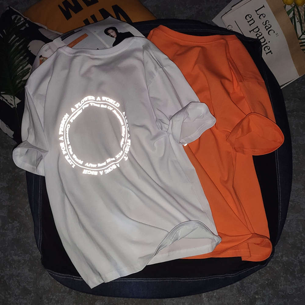 

Trend men's 2020 summer T-shirt reflective printing combed cotton round neck short sleeve top for men, White;black