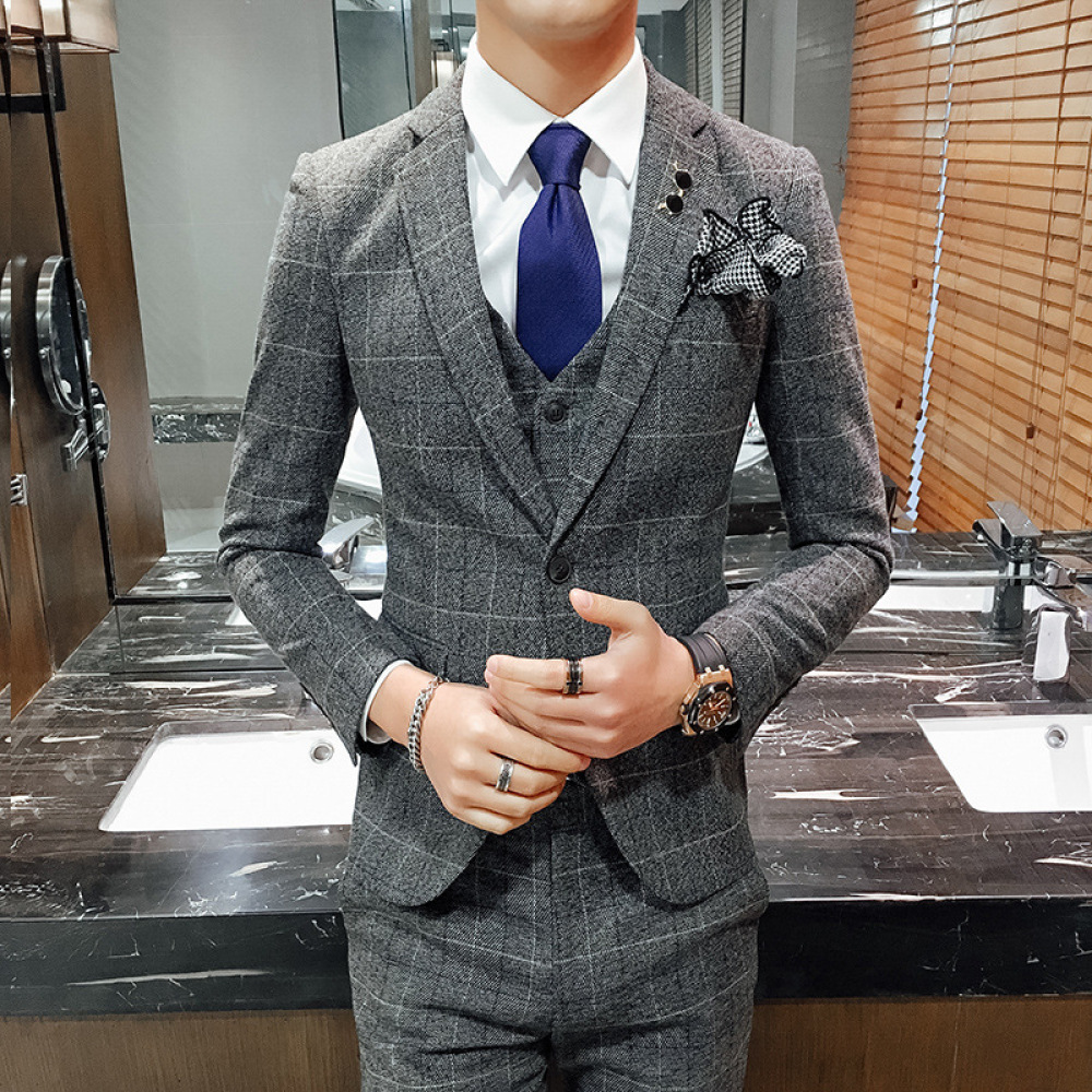 

2021 Dark Gray Retro Plaid Suit for Pieces Fashion Single Breasted Male Social Formal Wear Slim Men Set Emzz, Dark grey