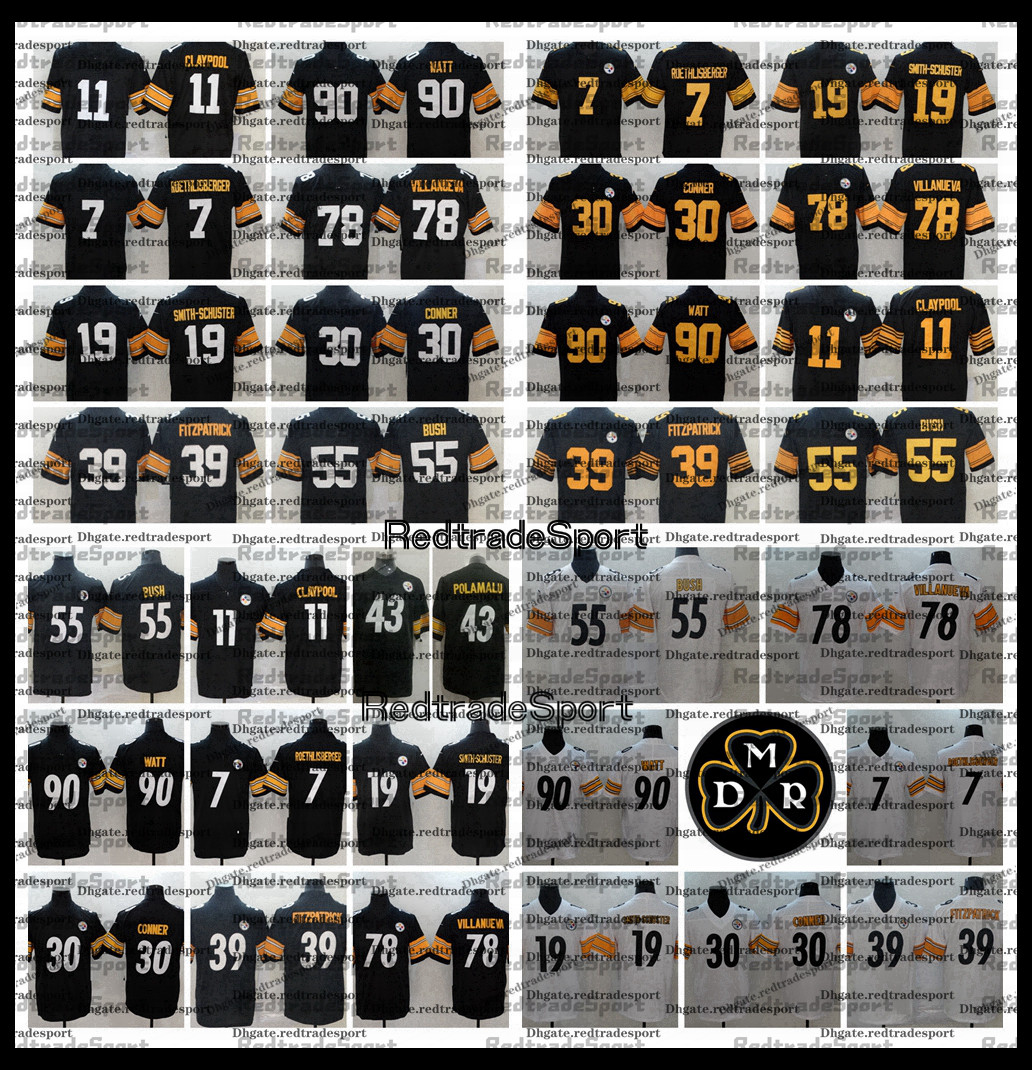 

2021 Mens Roethlisberger TJ Watt Smith-Schuster Conner Villanueva Devin Bush Minkah Fitzpatrick Claypool Polamalu Football Jersey DMR AU8, Black;red