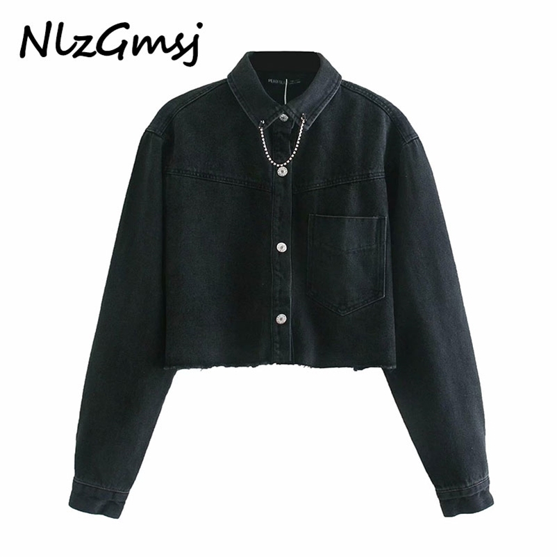 

Women Fashion With Gem Cropped Denim Jacket Coat Vintage Long Sleeve Frayed Hem Female Outerwear Chic Tops 210628, As picture