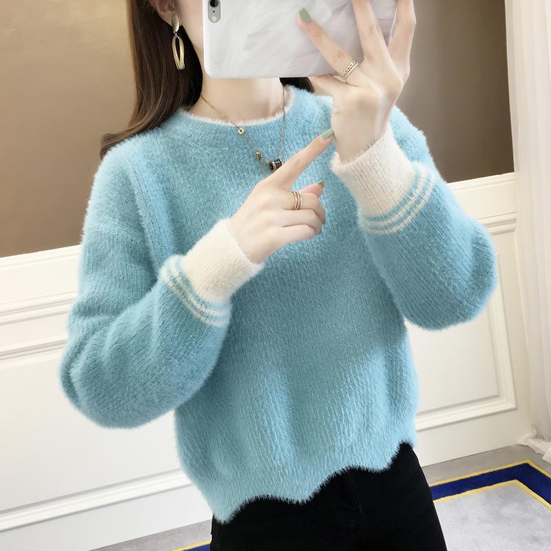 

Women's Sweaters Women 2022 Autumn Winter Fashion Pullover Female Round Neck Long Sleeve Top Imitation Mink Velvet Knitting Sweater E40, White;black