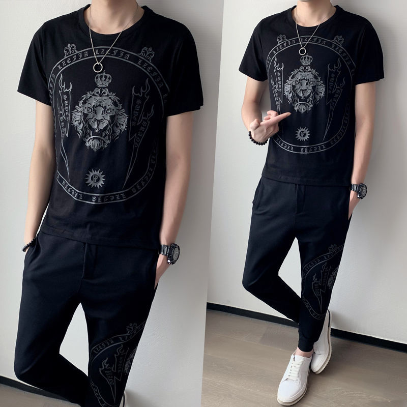 

2021 New Spring High Quality Tracksuit Top + Pants Print Short Sleeve t Shirt 2 Piece Slim Outfits Men Set Trainingspak Heren Oreo, Black