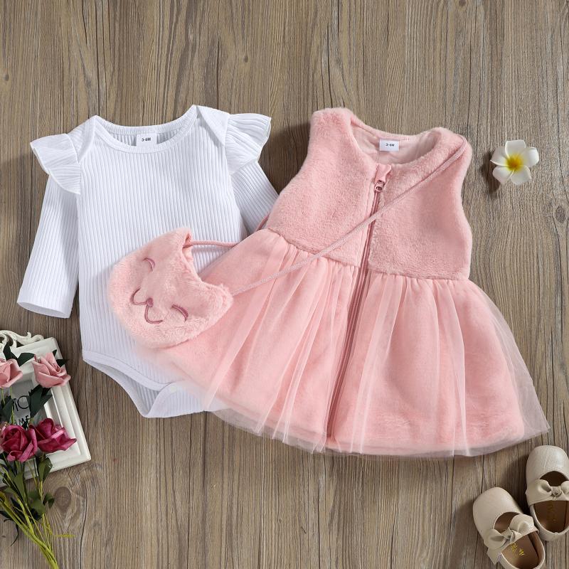 

Clothing Sets Born Baby Girl Clothes Set White Long Sleeve Bodysuit Tops Plush Sleeveless Zipper Dress Messenger Bag Outfit 3pcs, As pic