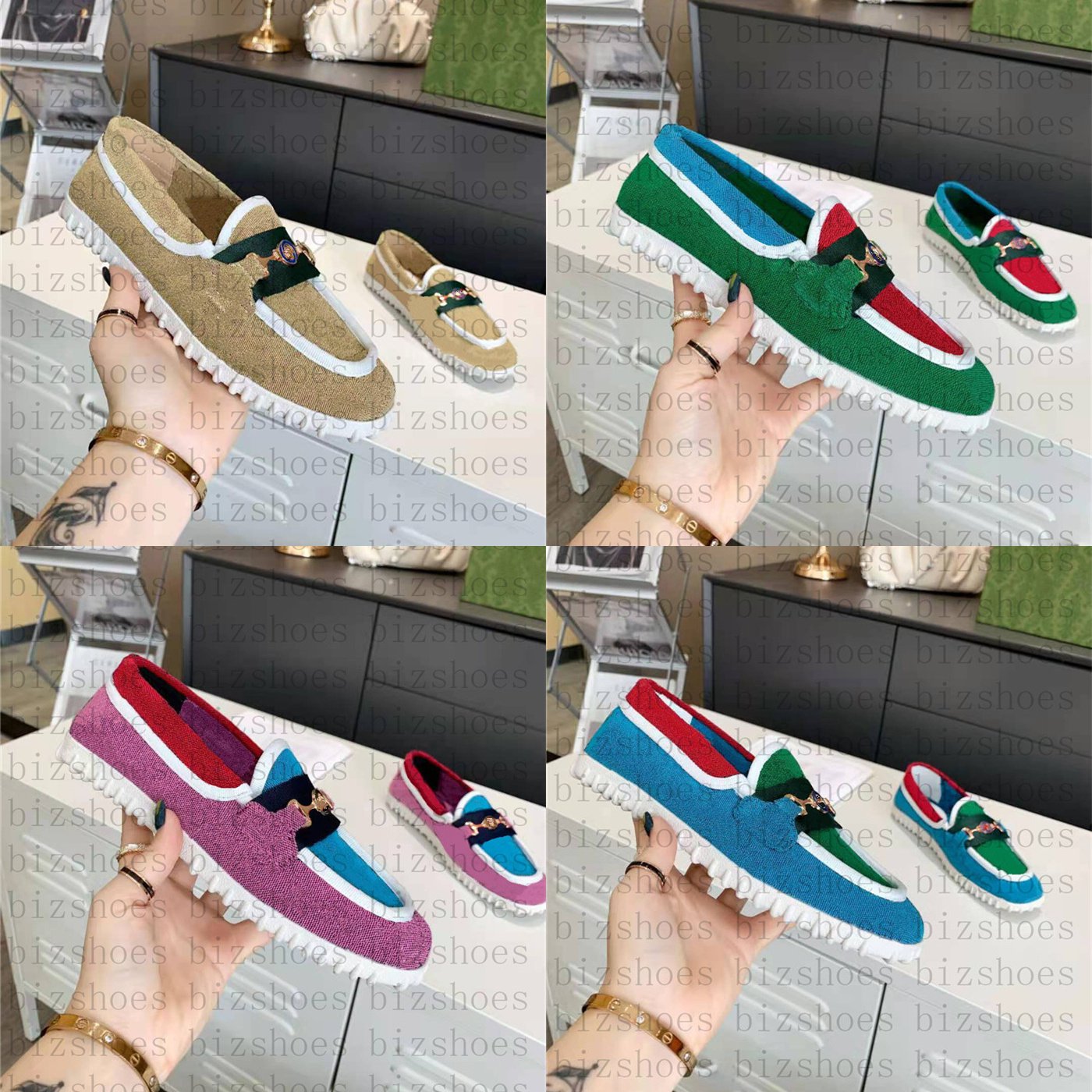 

Men's Multicolor driver shoes Green and blue canvas slip-on Rubber sole Women Luxurys Designers Sneakers, 04