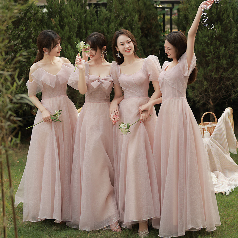 

4 Styles Dusty Pink Long Bridesmaid Dresses 2022 Elegant Short Sleeves A Line Off The Shoulder Wedding Guest Party Gowns Formal Women Maid Of Honor Dress AL9641