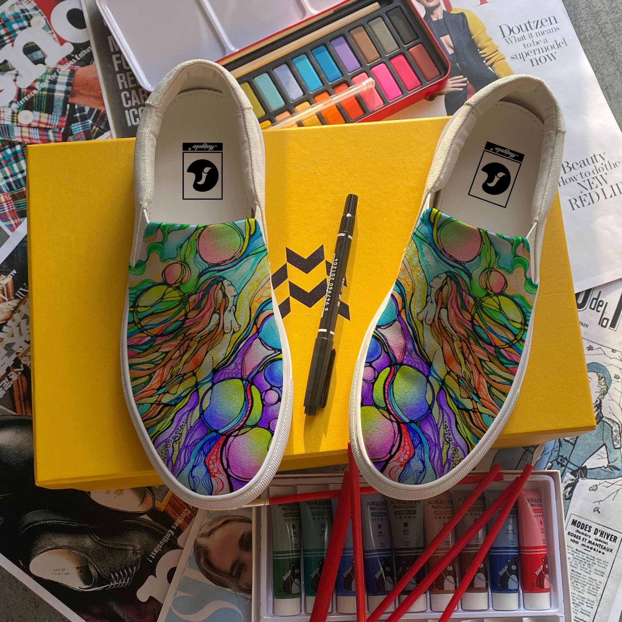 

Men casual Slip-On Canvas Sneaker Oil painting Custom Own Shoes handmade flat rubber sole yellow all-match fashion shoes YH00064, Blue