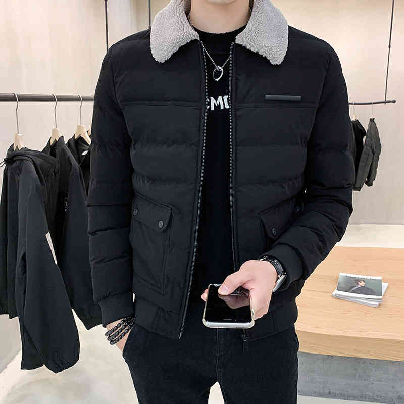 

winter coat winter thickened cotton padded et 2021 new fashion brand men's wool collar work cloth, Black