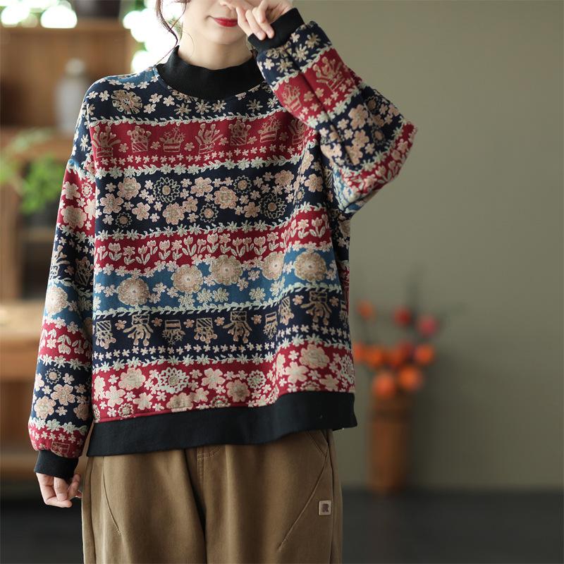 

Women's Hoodies & Sweatshirts Floral Printed Jumper Pullovers Female Semi-High Collar Bottoming Tops Autumn Winter Women Warm Thick Fleece, Black