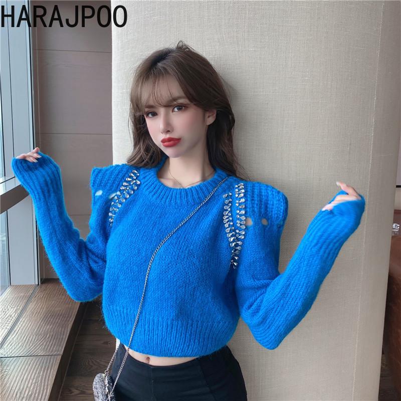 

Women's Sweaters Harajpoo Sweater Female Hollow Out Chic Top 2021 Fall Nail Drill Shoulder Pad Knitted Crop O Neck Streetwear Casual Jumpers, Blue no nail drill
