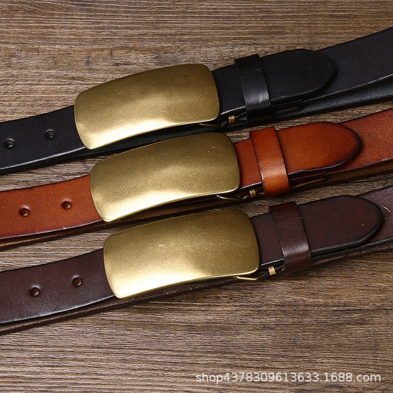 

3.3cm Wide Thickened First Layer Cowhide Belt Mens Leather Smooth Brass Korean Style Buckle Retro Easy Matching Trendy No. 2, Black