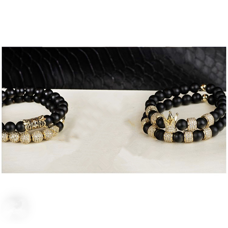 

attyirena micro inlay zircon round ser men crown charm bangle natural beads buddha bracelet for women pulseras masculinabracelets, Golden;silver