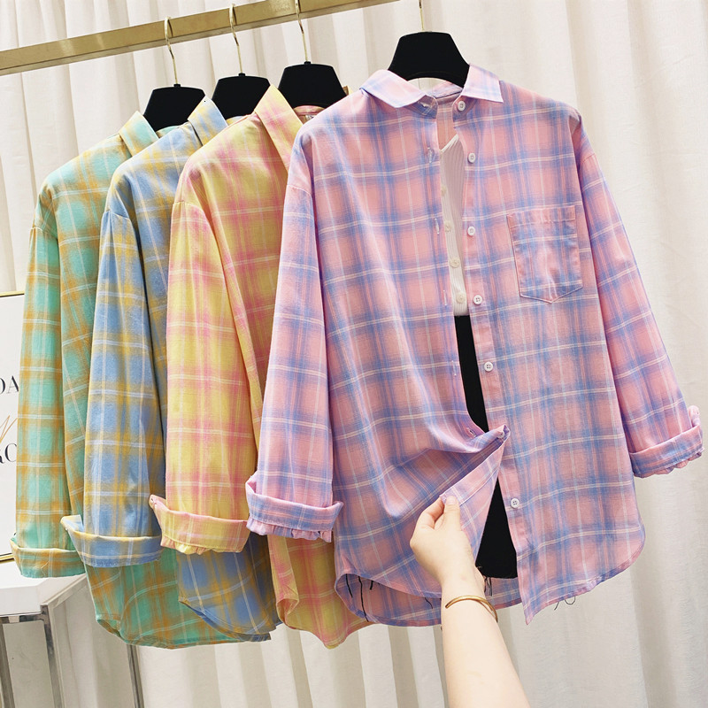 

2021 New Summer Plaid Shirts Womens Blouses and Tops Thin Sun Protection Outwear Casual Checked Lady Clothes Plus Size Yn7u, Purple