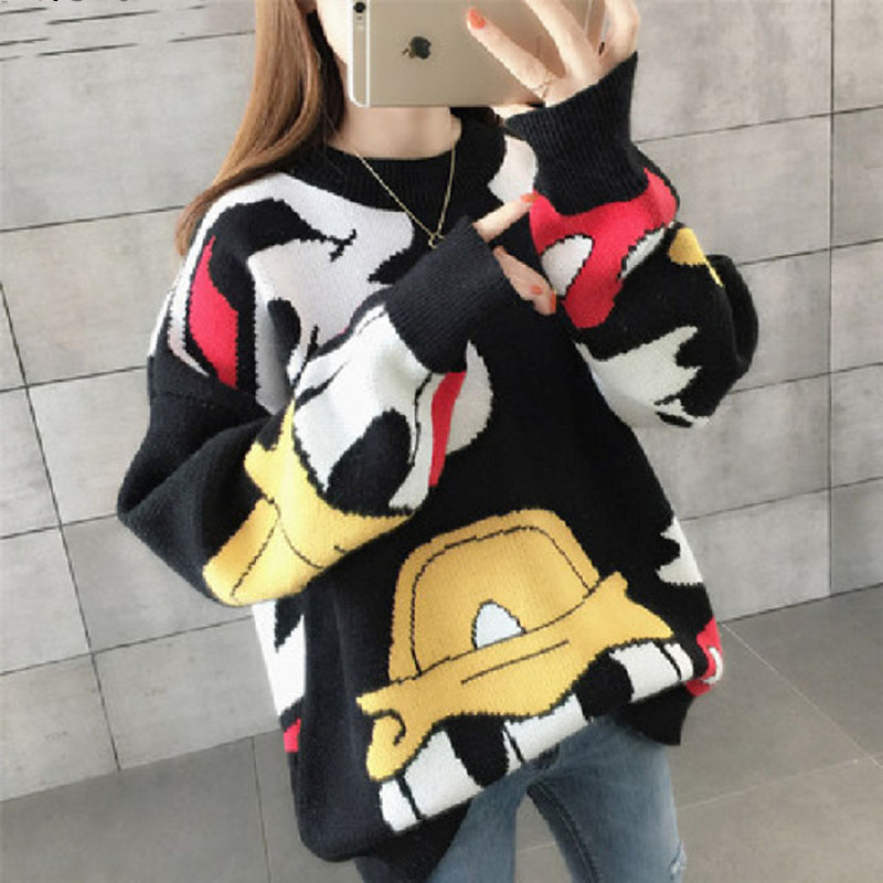 

Cartoon Knitted Oversized Pullover Sweaters Women Autumn Winter Long Sleeve O-neck Kawaii Loose Casual Fashion Sweaters Tops