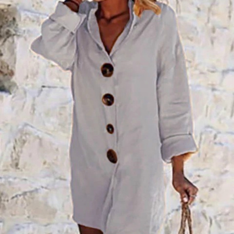 

Beige Long Sleeve Button Mini Shirt Dress Women Spring Summer Cotton Linen es Casual Minimalist Solid Ladies 210603, Blue