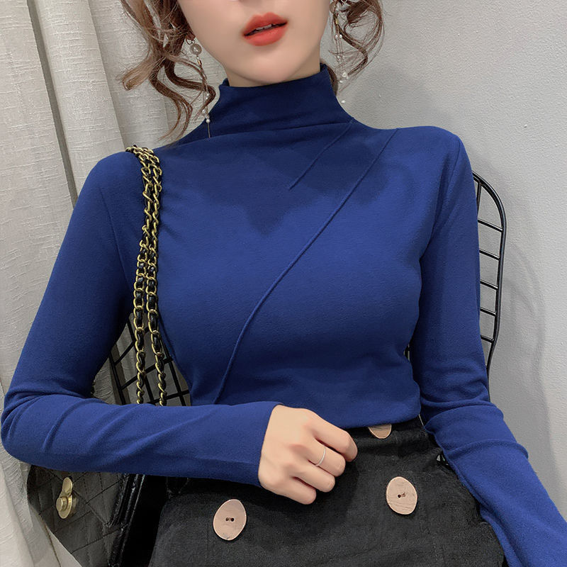 

2021 New Style Winter Fleece Inside Warm T-Shirts Women Slim Oversize S-4XL Optional Fashion Half Turtleneck Pullover Base Top, White