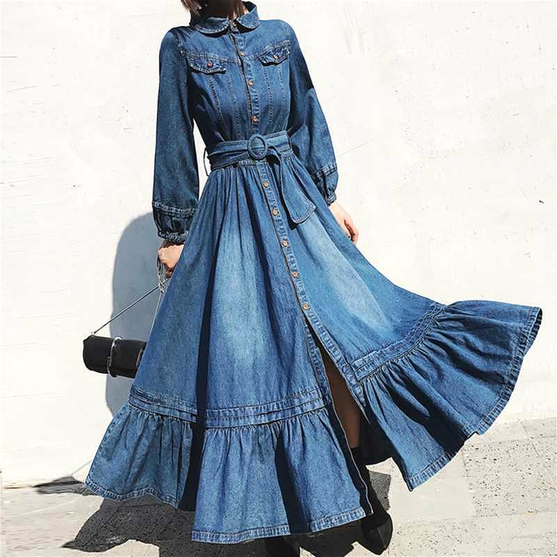 

Casual Dresses Plus Size 2xl Spring Vintage Lantern Sleeve Denim Dress Women High Waist Single Breasted Ruffles Big Swing Long Jeans, Blue