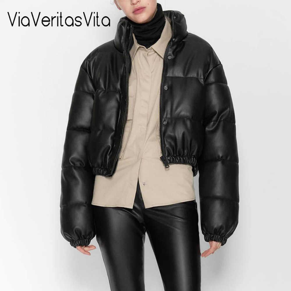 Women Padded PU Coat Punk Streetwear Parka Jacket Warm Croped Long Sleeve Girls Outwear Zoravicky Motorcycle Black Short Jacket 210909
