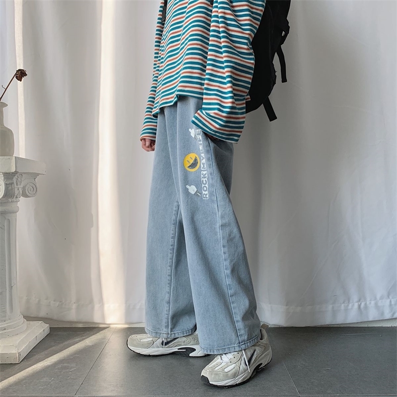 

2021 New Men's Baggy Homme Cargo Pocket Jeans Loose Straight Fashion Trend Casual Wide Leg Pants Light Blue Trousers Ucyf
