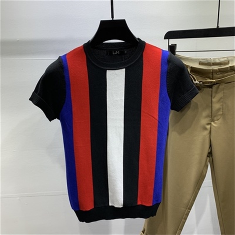 

2021 New Men's Ice Silk Half-sleeved Summer Round Neck Knitted Short-sleeved Slim Stretch T-shirt Aj0l