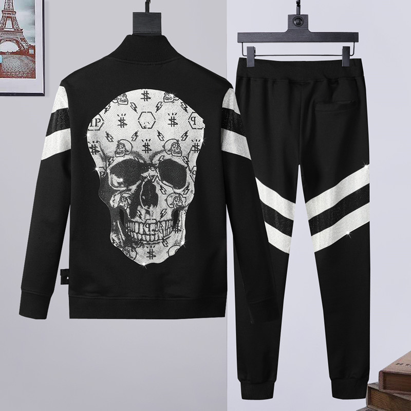

2 Pieces Sets Tracksuit Men Skull Autumn Winter Jacket Sweatshirt +Drawstring Pants Phillip plain Male Sport Hoodies Running Sportswear, Black