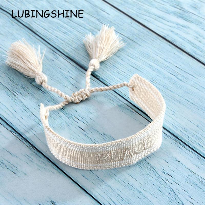 

Charm Bracelets Fashion Embroidery Letter Peace Believe Adjustable Friendship Bracelet For Women Vintage Tassel Braided Jewelry Gifts