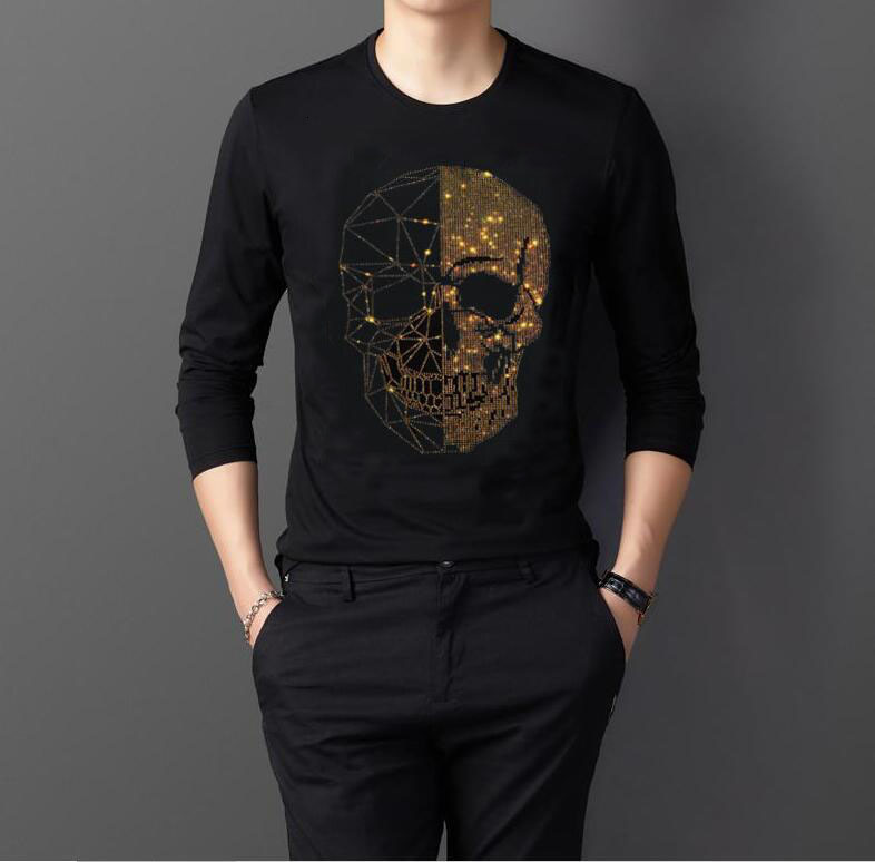 

2021 New Mens Casual Tshirt Fitness Men Rhinestones Black Long Shirts Gns9, As show