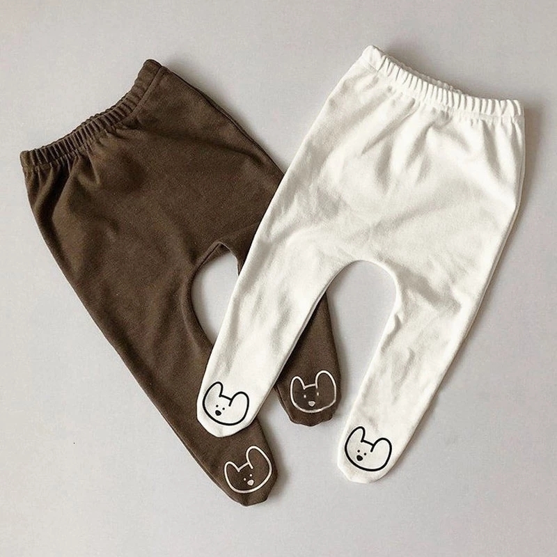 

New 2021 Spring Cartoon Pants Korean Boys Girls White Brown Leggings Baby Clothing Xyuo, White pants