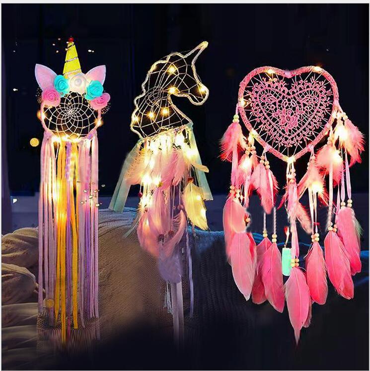 

Dreamcatcher Dream LED Light Girlish Heart Dreamcatcher Fashion Feather Dream Catcher Pendant Wall Hanging Room Decoration Woven Lace WMQ103