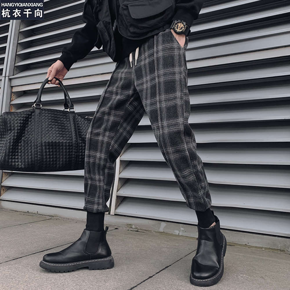 

Casual pants men's autumn and winter versatile Plaid ruffian Shuai net red drawstring Leggings Harlan pants fashion brand Leggings, Blue
