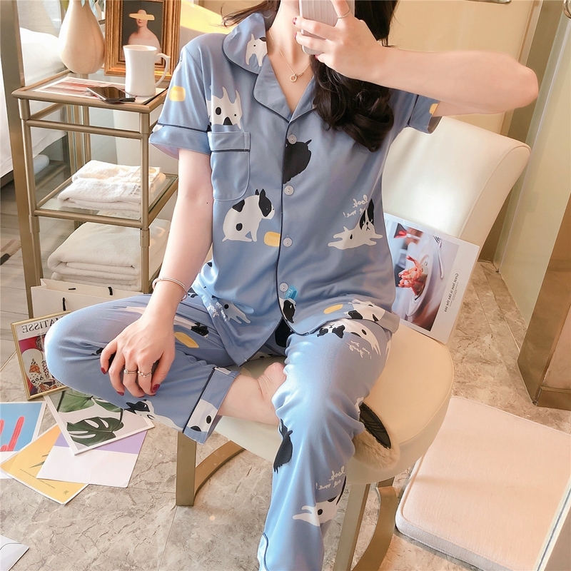 

2021 New Cartoon Print Pajamas for Women's Set Sweet Cotton Animal Printing Button Summer Mujer Pijama Sleepwear Nightwear Pizama W9sv