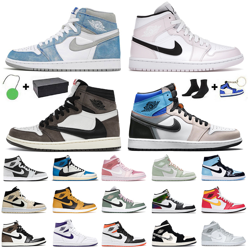 

2021 Air Jordan Retro 1 With Original BOX Jumpman 1s Basketball Shoes Mid Grey Camo High OG Hyper Royal Electro Orange Court Purple Trainers Sneakers