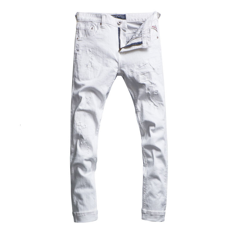 

2021 New Fashion Streetwear White Color Slim Fit Destroyed Ripped High Quality Vintage Designer Jeans Men Hip Hop Pants Y06d