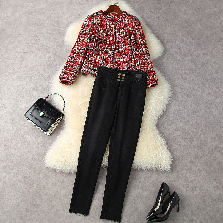 

European and American women's clothing winter 2022 new Long-sleeved red tweed coat stretch Little feet pants Fashion suits