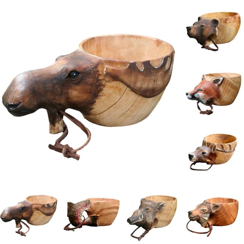 

Mugs Kuksa Hand Carved Wooden Mug Guksi Animals Head Image Cup Animal Shape Portable Camping Drinking, 01